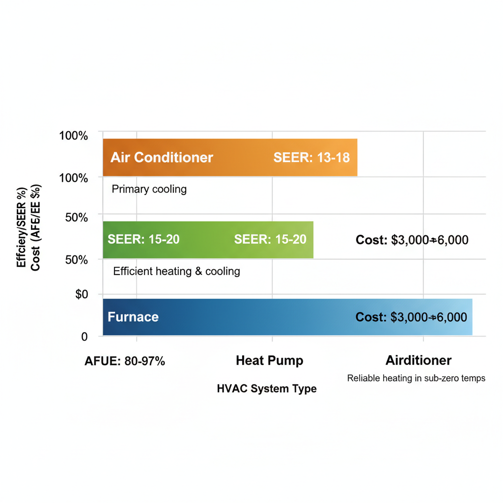 Horizontal bar chart comparing efficiency ratings and cost ranges of Furnace, Heat Pump, and Air Conditioner systems for Brooklyn Park HVAC needs