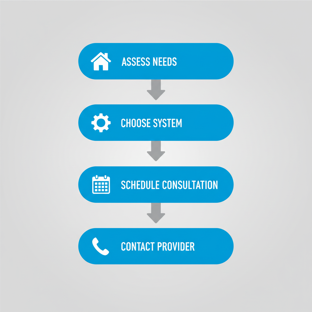 Vertical process flow diagram illustrating four steps to start HVAC services: assess needs with home icon, choose system with gear icon, schedule consultation with calendar icon, contact provider with phone icon.