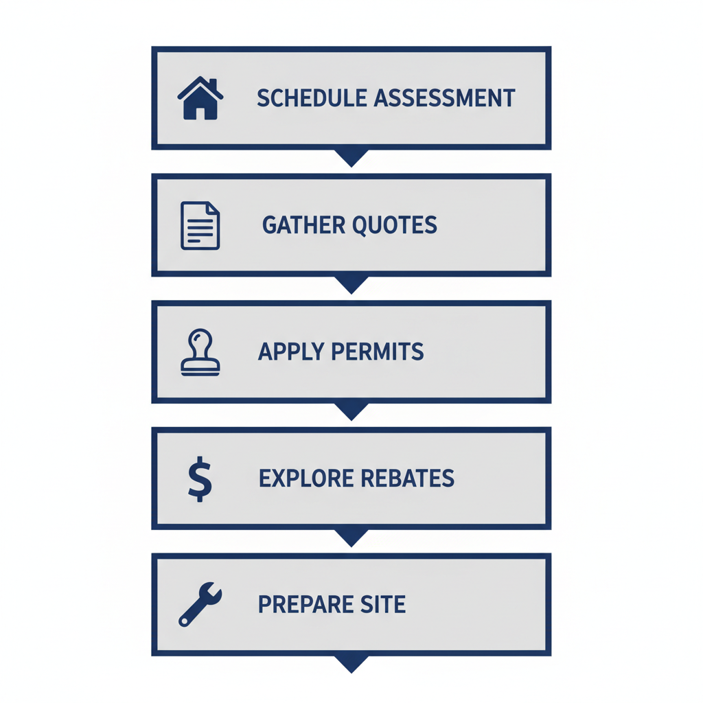 Vertical process flow diagram illustrating five steps for starting furnace installation: scheduling assessment, gathering quotes, applying for permits, exploring financing, and preparing the site in Brooklyn Park.