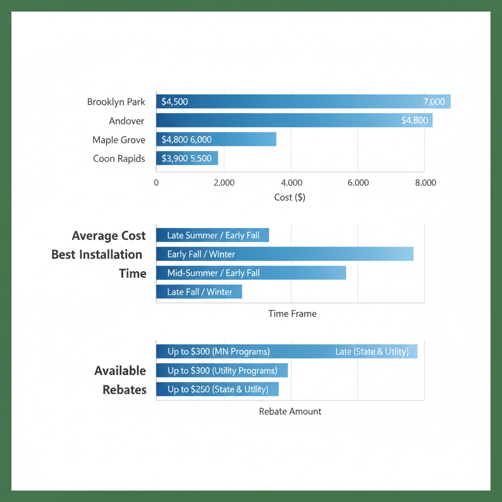 Bar chart showing furnace installation cost, timing, and rebate comparison for Brooklyn Park and nearby Minnesota areas