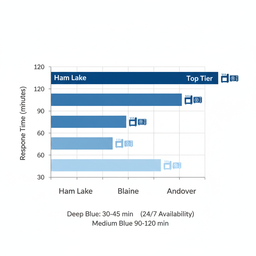Horizontal bar chart comparing HVAC emergency response times in Ham Lake, Blaine, and Andover with icons for furnace and AC.