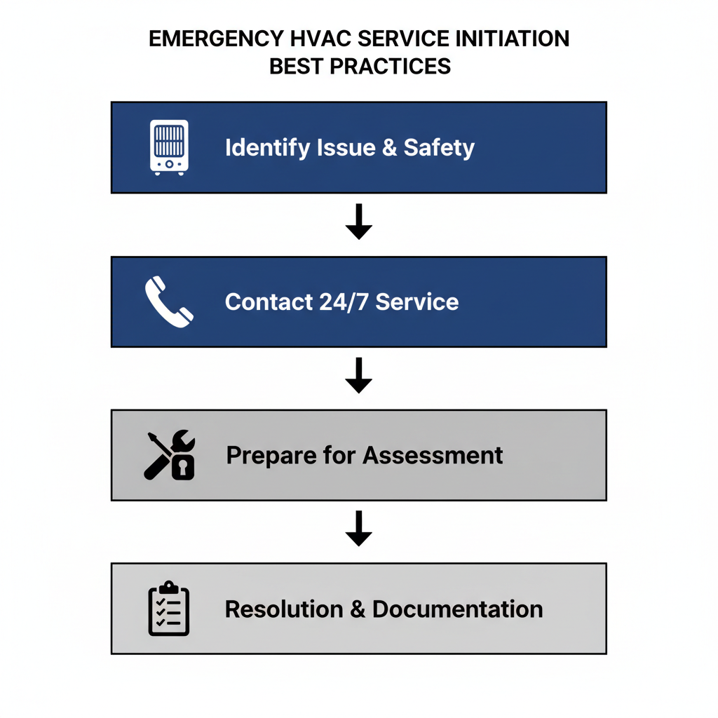 Vertical process flow diagram illustrating five steps for initiating emergency HVAC service, including icons for safety, contact, preparation, diagnostics, and resolution.