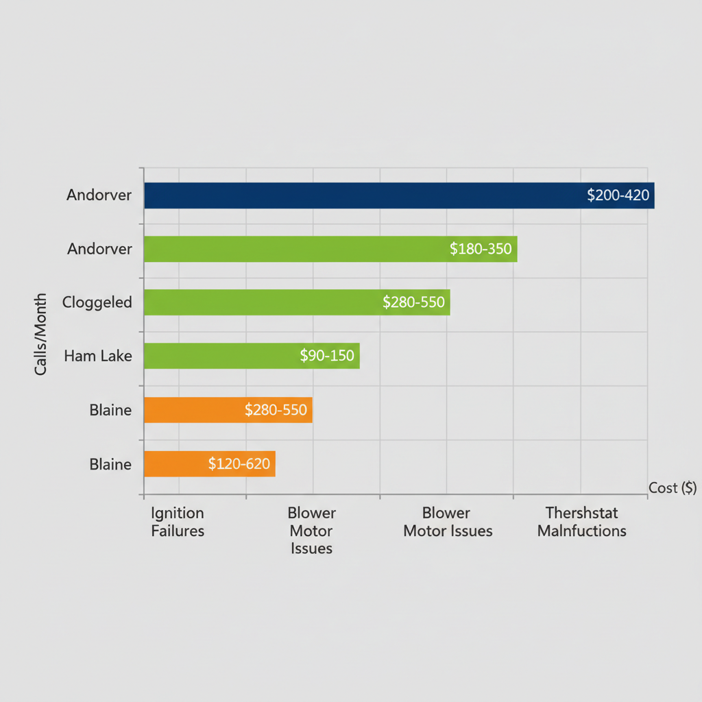 Horizontal bar chart comparing frequency and costs of common furnace issues in Andover, Ham Lake, and Blaine, Minnesota.