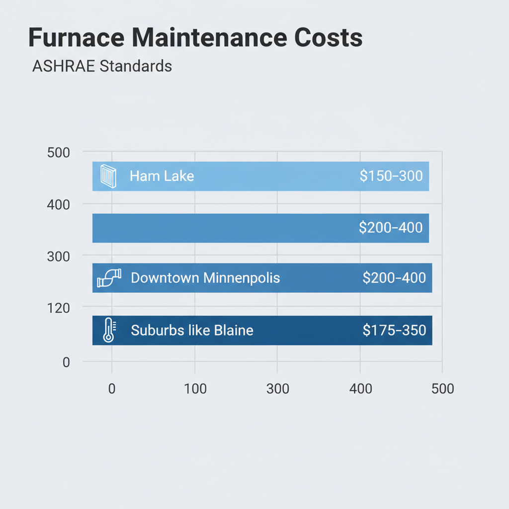 Horizontal bar chart showing furnace maintenance cost ranges in Ham Lake, Downtown Minneapolis, and Blaine suburbs.