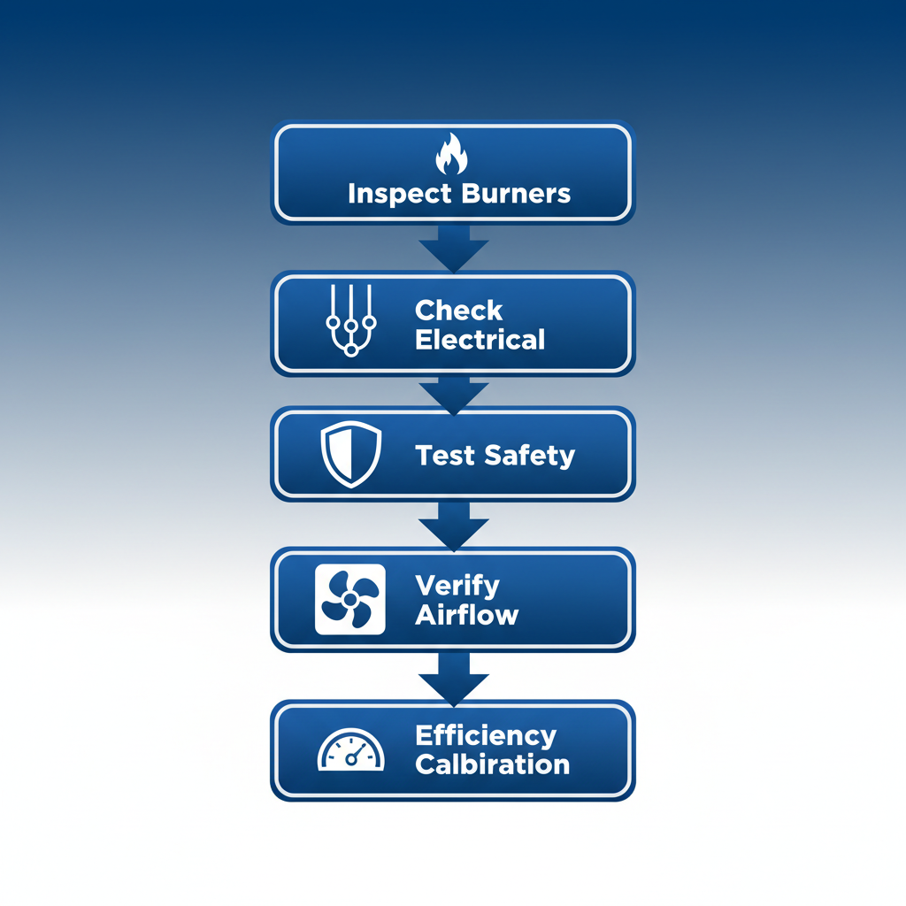 Vertical process flow diagram illustrating the five steps of a standard furnace tune-up procedure with icons and labels