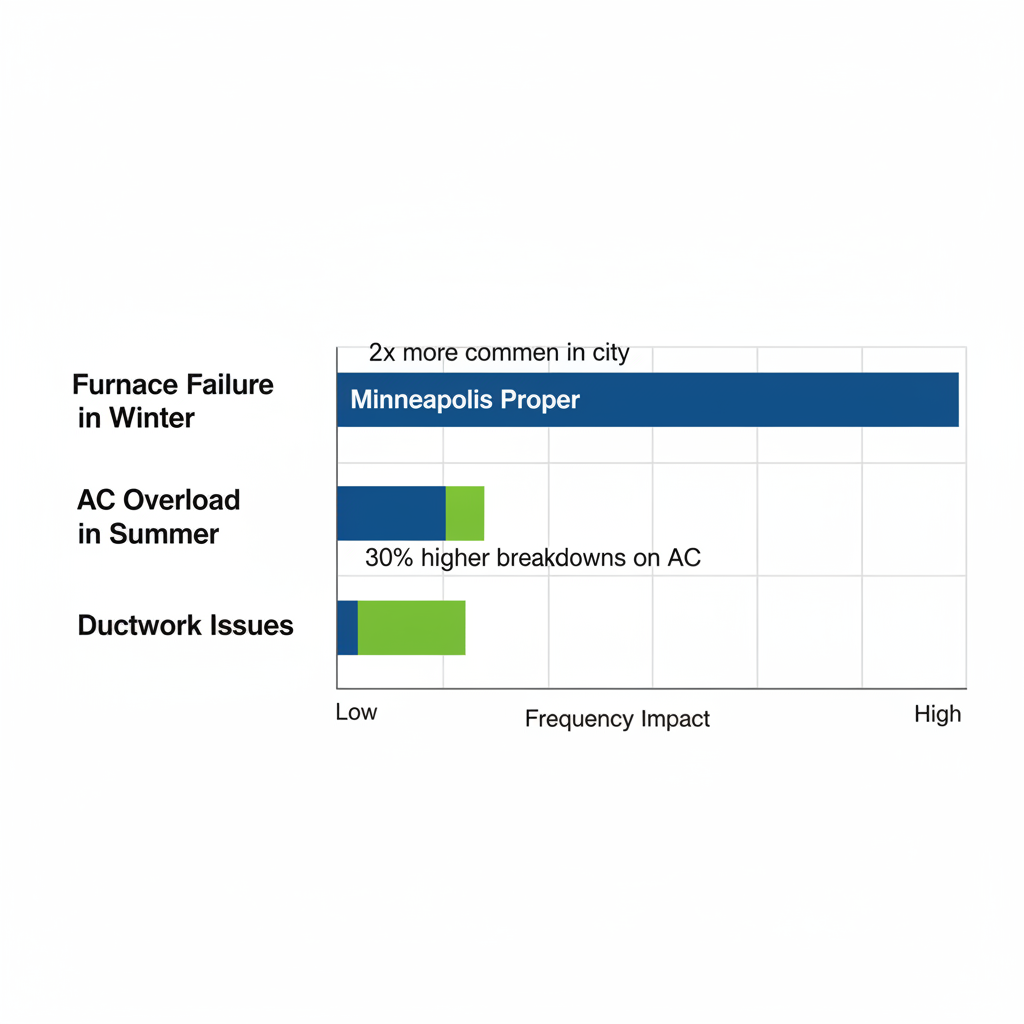 Horizontal bar chart comparing HVAC issues in Minneapolis versus suburbs
