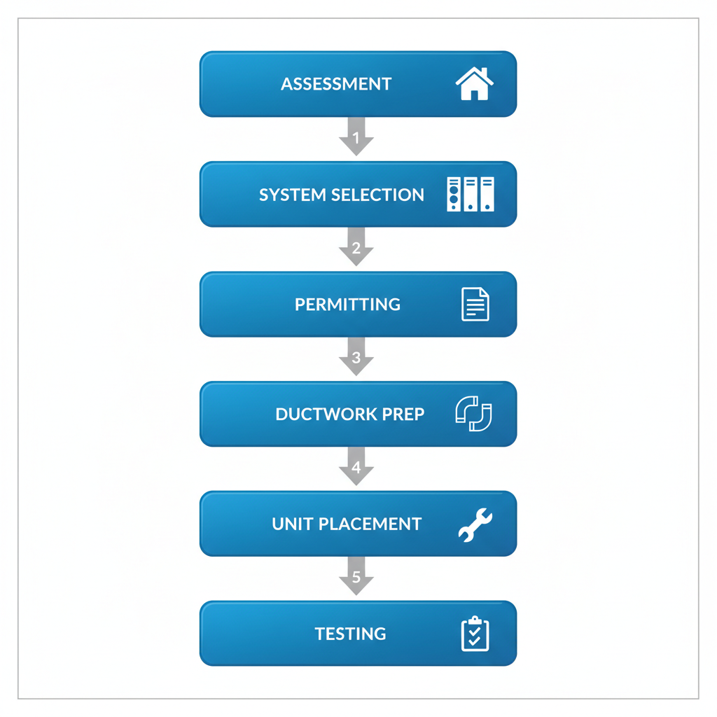 Vertical process flow diagram illustrating six steps of furnace installation in Andover with icons and minimal labels