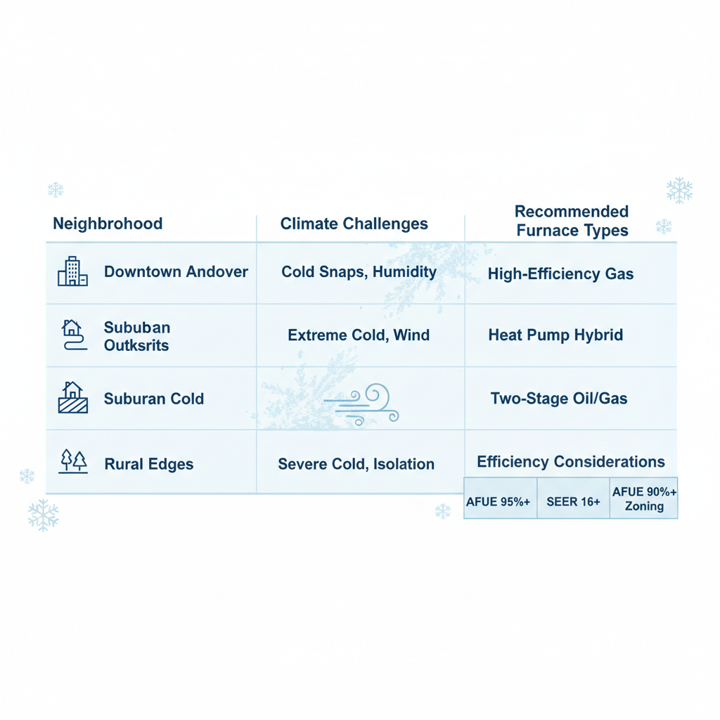 Infographic comparing heating challenges and furnace recommendations for Andover neighborhoods