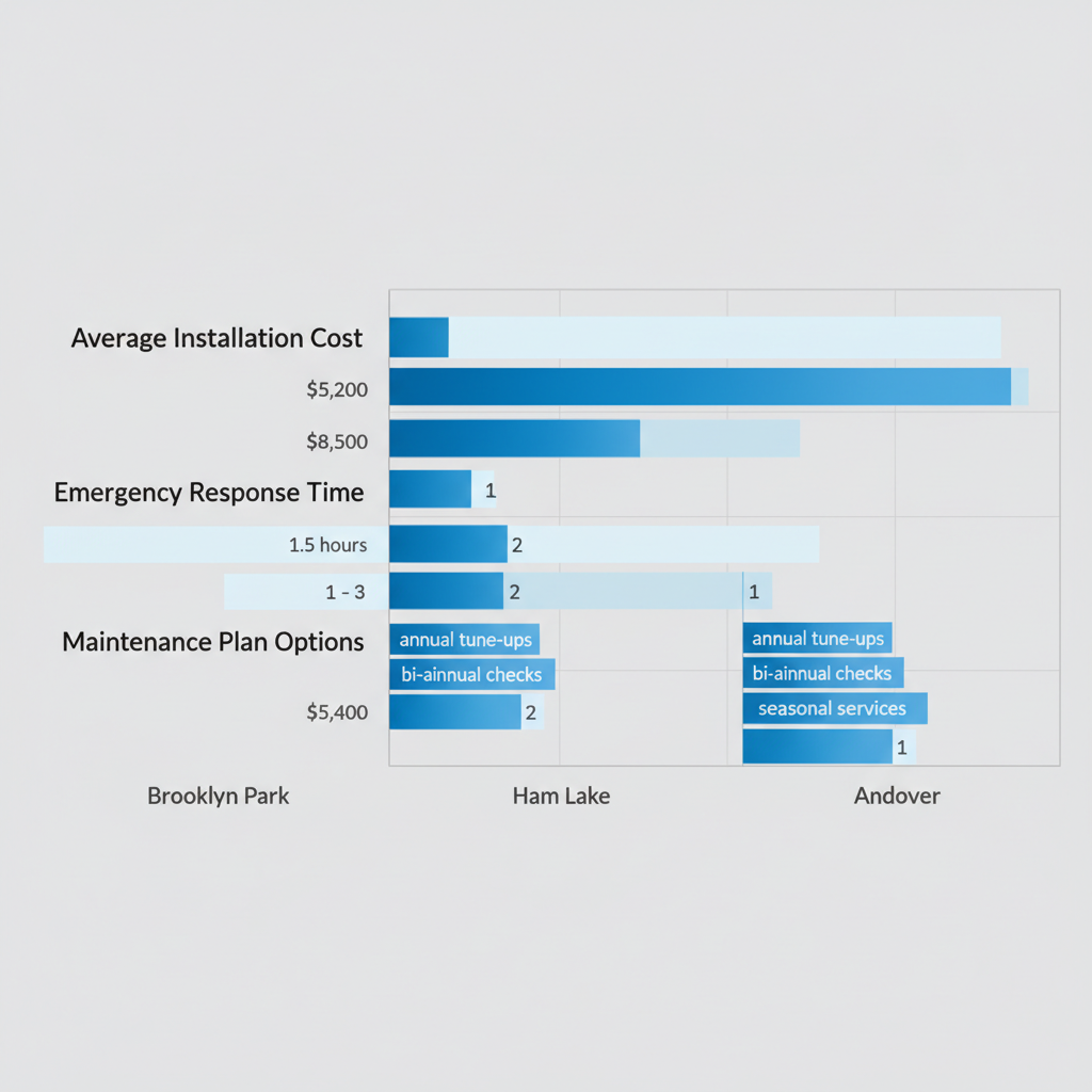 Horizontal bar chart comparing HVAC installation costs, emergency response times, and maintenance options in Brooklyn Park, Ham Lake, and Andover.