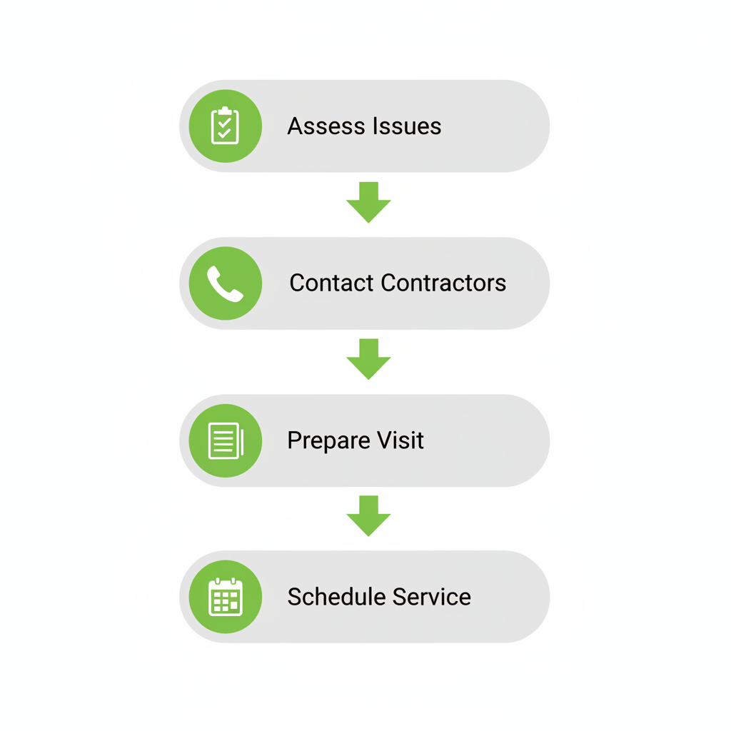 Vertical process flow illustrating five steps to initiate HVAC projects: assessing issues, contacting contractors, preparing for site visit, reviewing quotes, and scheduling service.