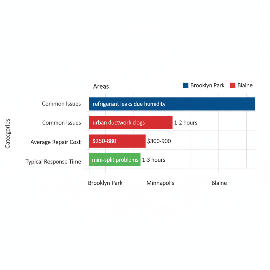 Horizontal bar chart showing AC repair challenges in Brooklyn Park, Minneapolis, and Blaine with bars for issues, costs, and response times.
