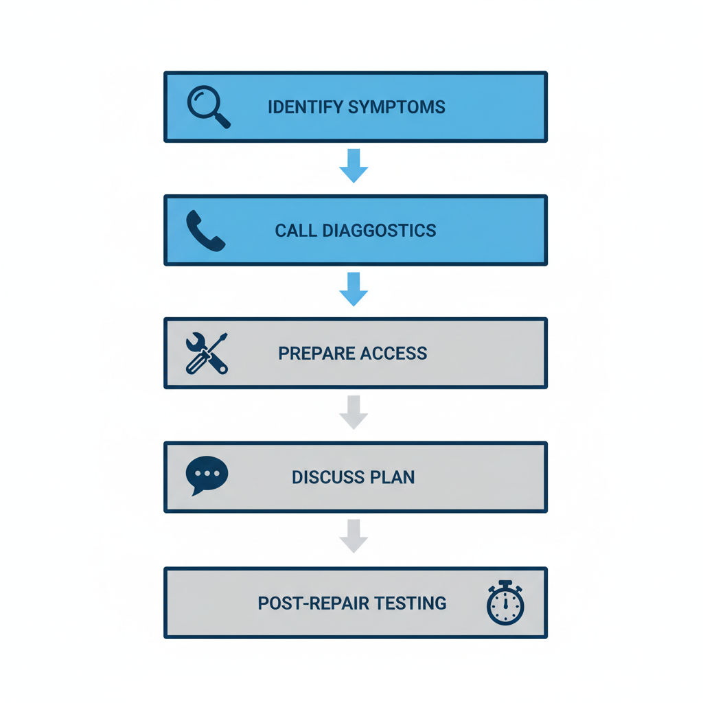 Vertical process flow diagram showing five steps to arrange AC repair service with icons and arrows