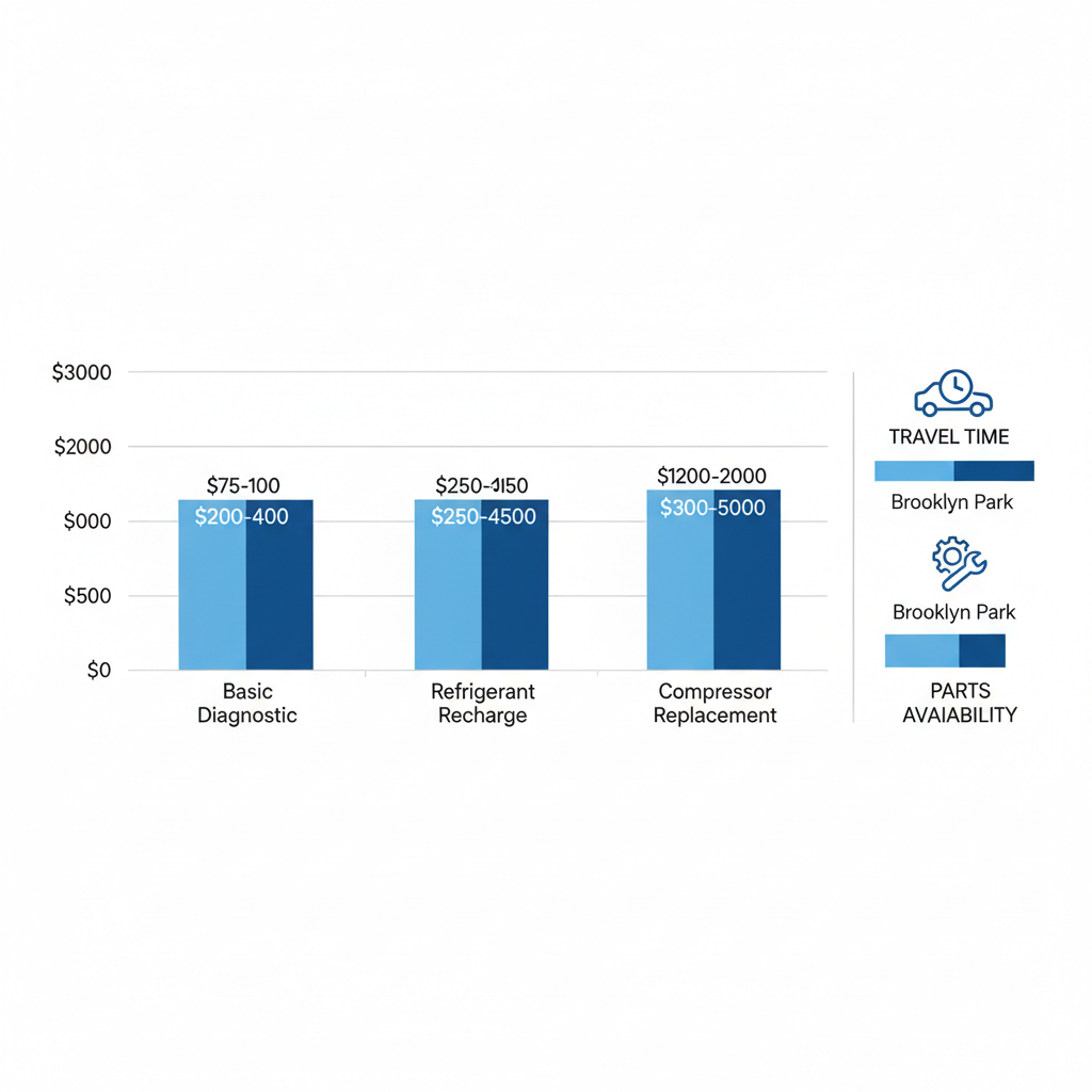Bar chart comparing AC repair costs across service types in Brooklyn Park, Blaine, and Minneapolis, highlighting cost ranges and key factors.