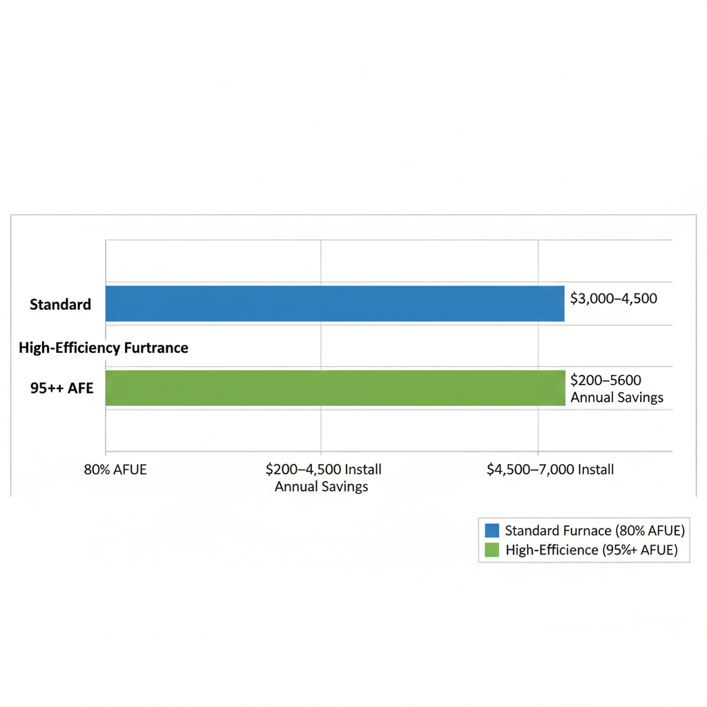 Horizontal bar chart comparing AFUE ratings, installation costs, and annual savings for standard and high-efficiency furnaces in Andover, MN