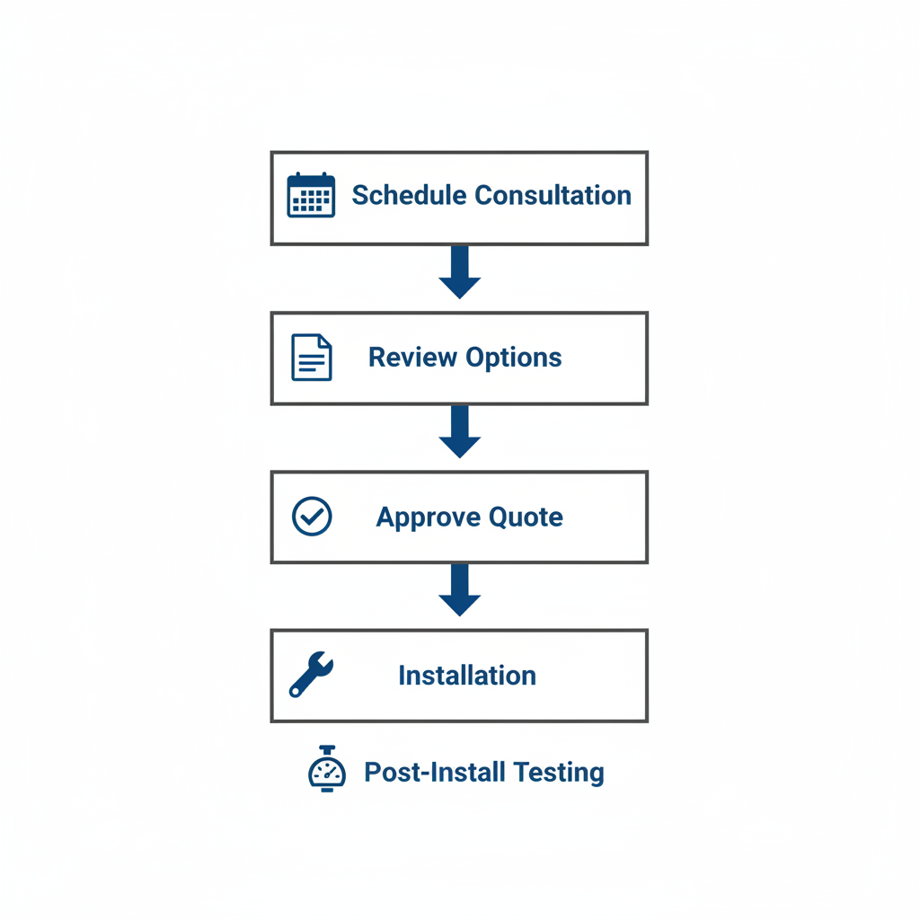 Vertical process flow diagram illustrating five steps for furnace replacement: scheduling consultation, reviewing options and rebates, approving quote, installation, and post-install testing with icons.