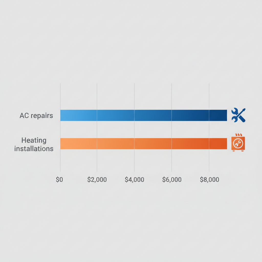 Horizontal bar chart illustrating average HVAC costs in Eustis, Florida, including AC repairs and heating installations with cost ranges.