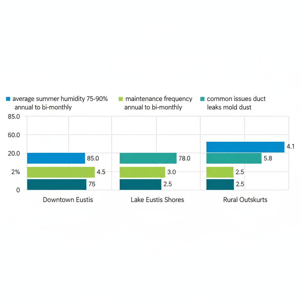 Bar chart showing HVAC maintenance recommendations by Eustis neighborhood including humidity, frequency, and issues.