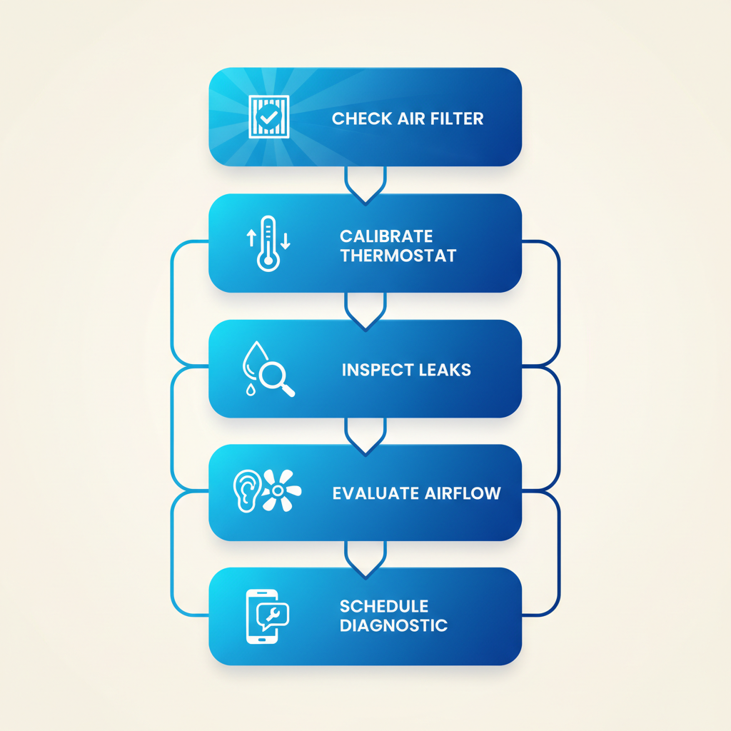 Vertical process flow diagram illustrating five steps to troubleshoot AC not cooling in humid Eustis climate, with icons for each stage.