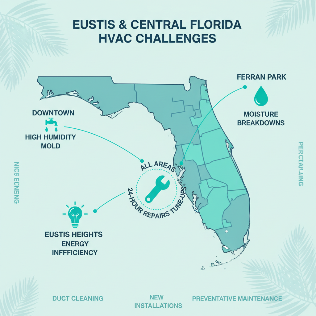 Infographic map illustrating HVAC challenges and services in Eustis neighborhoods including humidity, moisture, energy inefficiency, and emergency repairs.