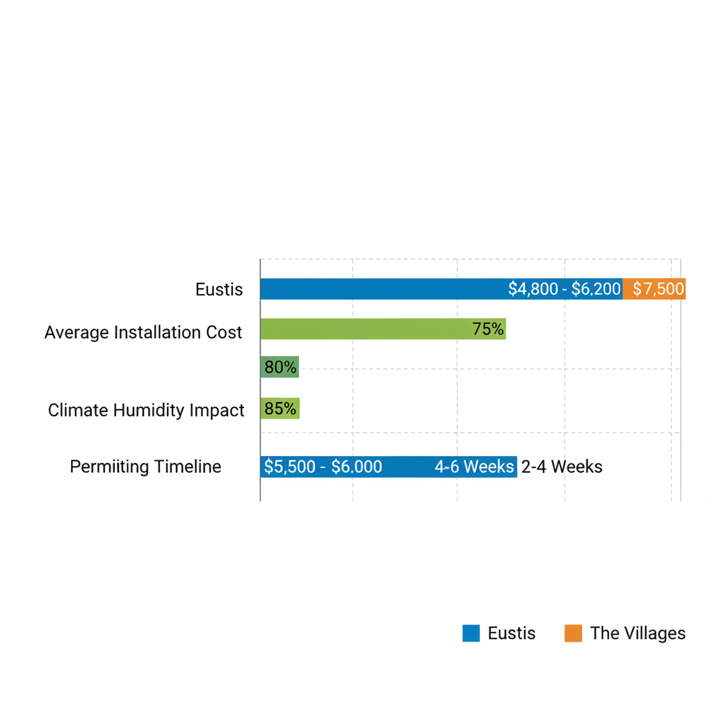 Horizontal bar chart comparing HVAC installation factors in Eustis, Tavares, and The Villages, Central Florida