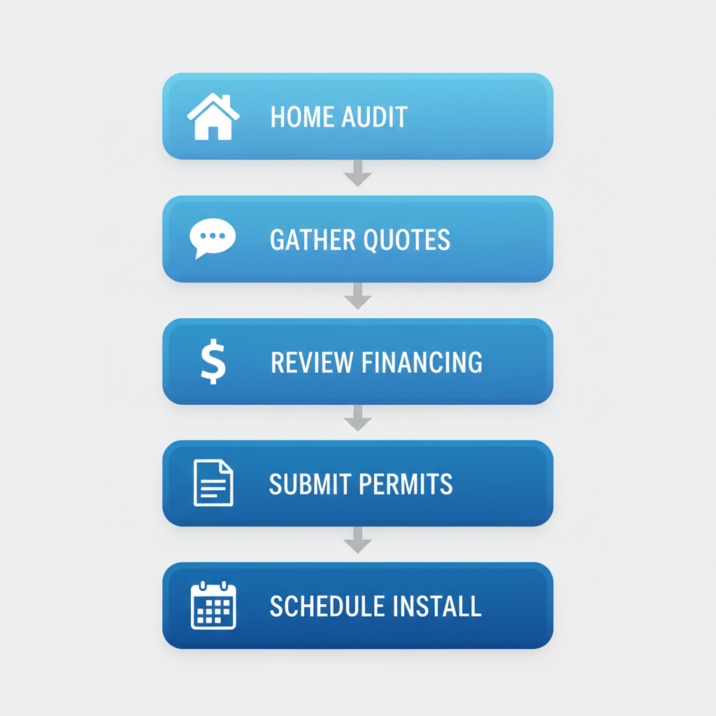 Vertical process flow illustrating five key steps for starting an AC installation project, including audit, quotes, financing, permits, and scheduling with relevant icons.