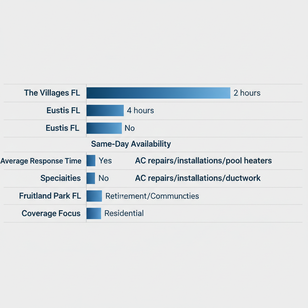 Bar chart comparing HVAC service metrics including response time, availability, specialties, and coverage for The Villages, Eustis, and Fruitland Park in Central Florida