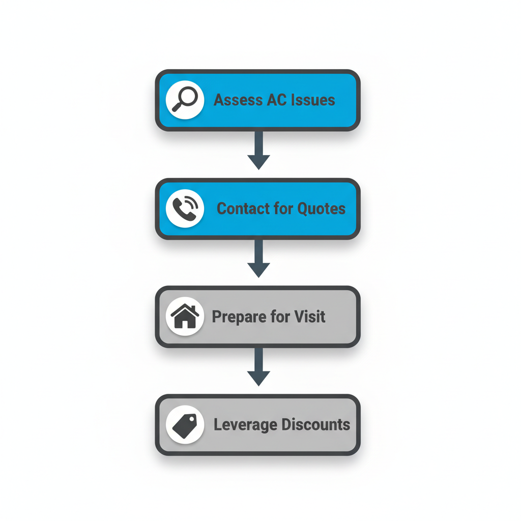 Vertical process flow diagram showing five steps to start safe HVAC service with icons for assessment, contact, preparation, timelines, and discounts.