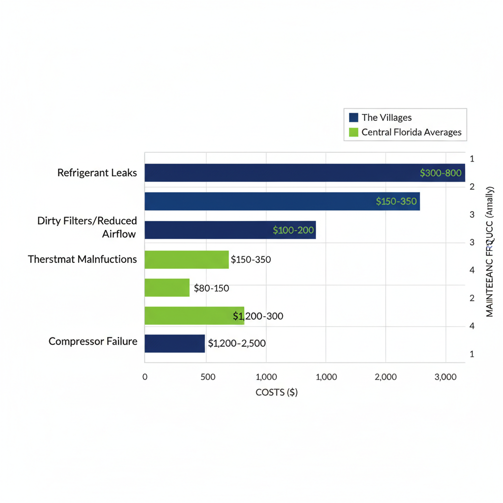 Horizontal bar chart comparing estimated costs of common air conditioning issues in The Villages versus Central Florida averages