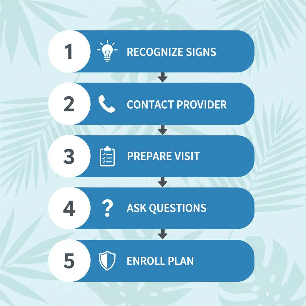Vertical process flow illustrating five steps to start HVAC care in The Villages with icons and connecting arrows