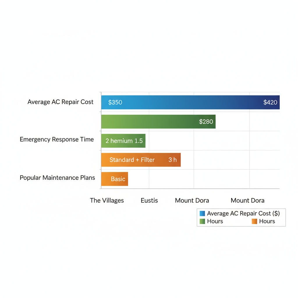 Horizontal bar chart comparing HVAC repair costs, response times, and maintenance plans across The Villages, Eustis, and Mount Dora in Central Florida.