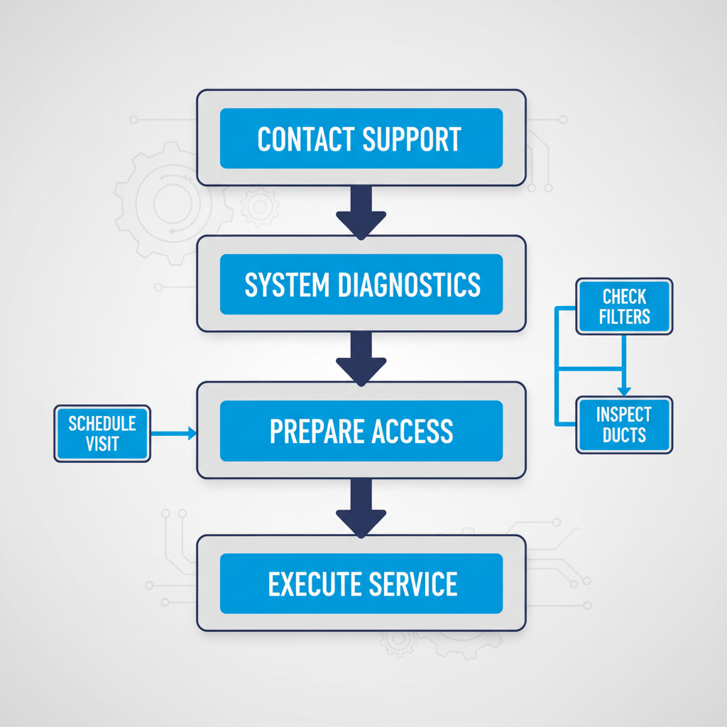 Vertical process flow diagram with four stages for starting HVAC service: contact, assessment, preparation, and service, featuring icons and arrows.