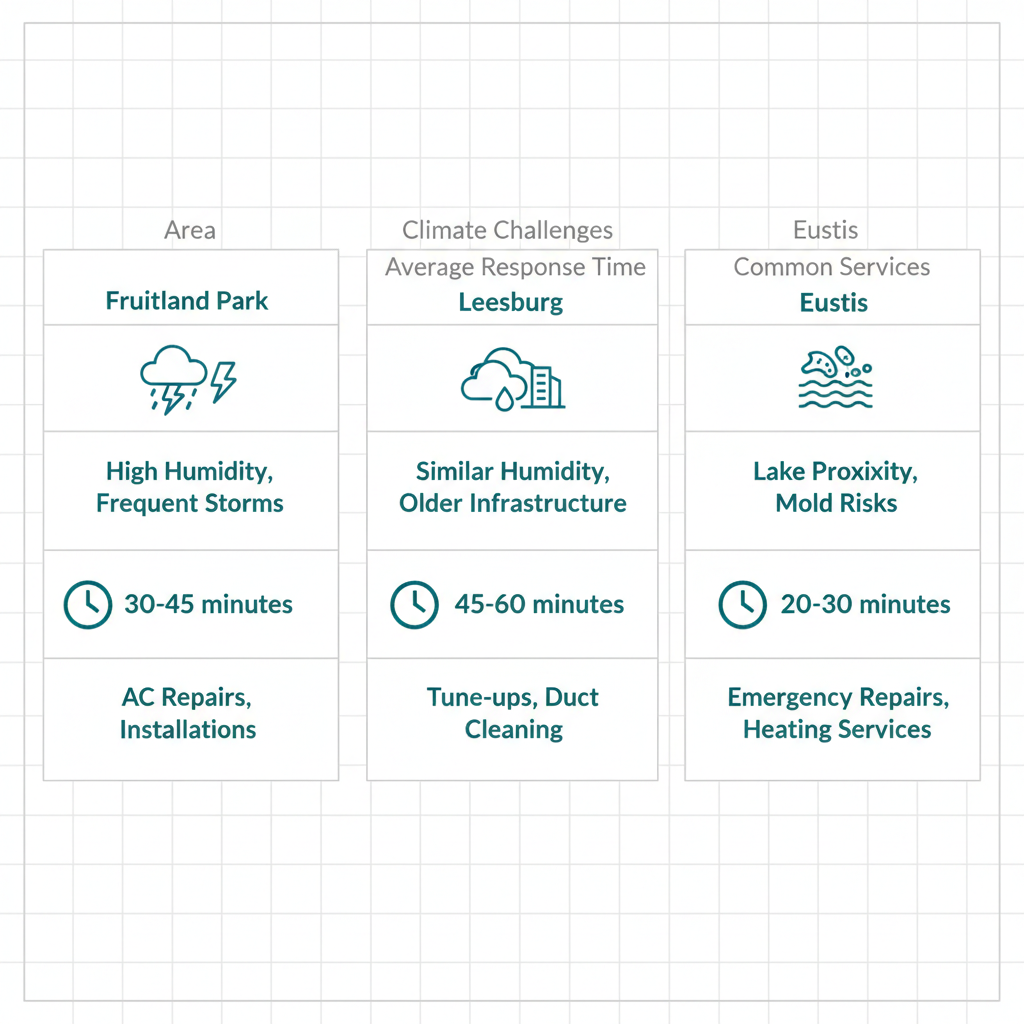 Infographic comparing HVAC climate challenges, response times, and services in Fruitland Park, Leesburg, and Eustis