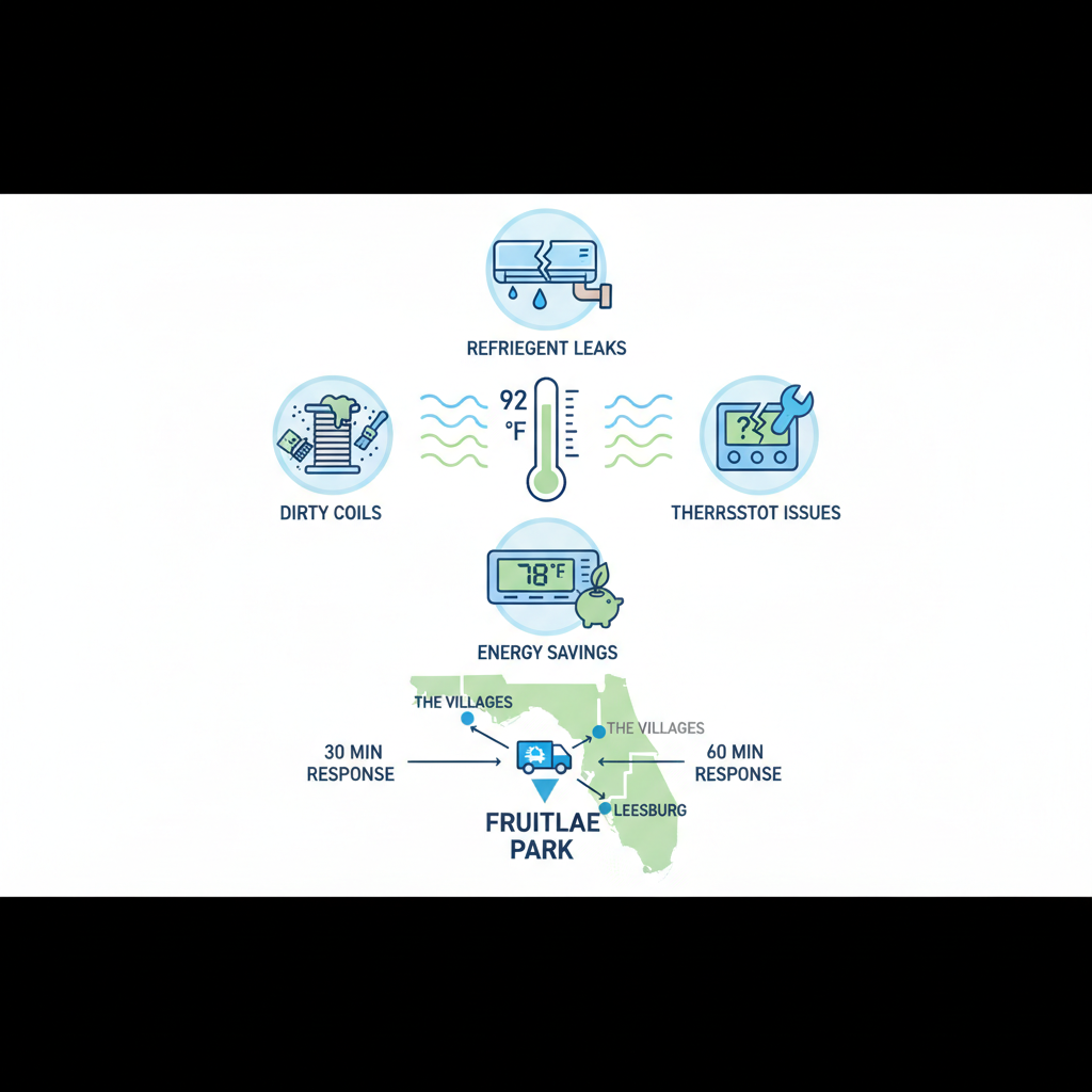 Infographic depicting HVAC challenges in Fruitland Park, featuring high temperature thermometer, humidity effects, common system issues icons, energy-saving thermostat setting, and local area map.