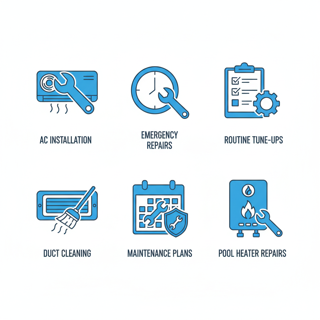 Grid of icons illustrating HVAC services including installation, repairs, tune-ups, cleaning, plans, and heater repairs