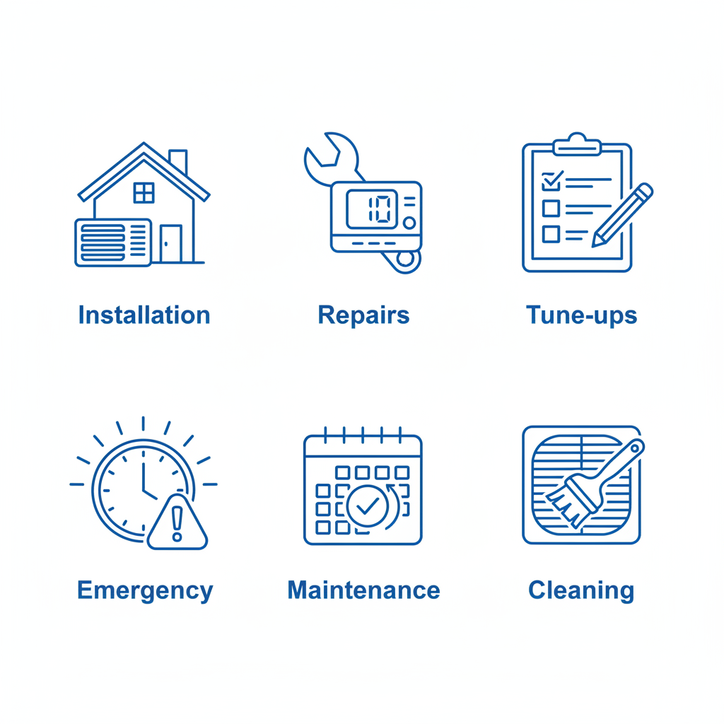 Grid of six flat icons depicting HVAC services: installation, repairs, tune-ups, emergency response, maintenance plans, and duct cleaning.