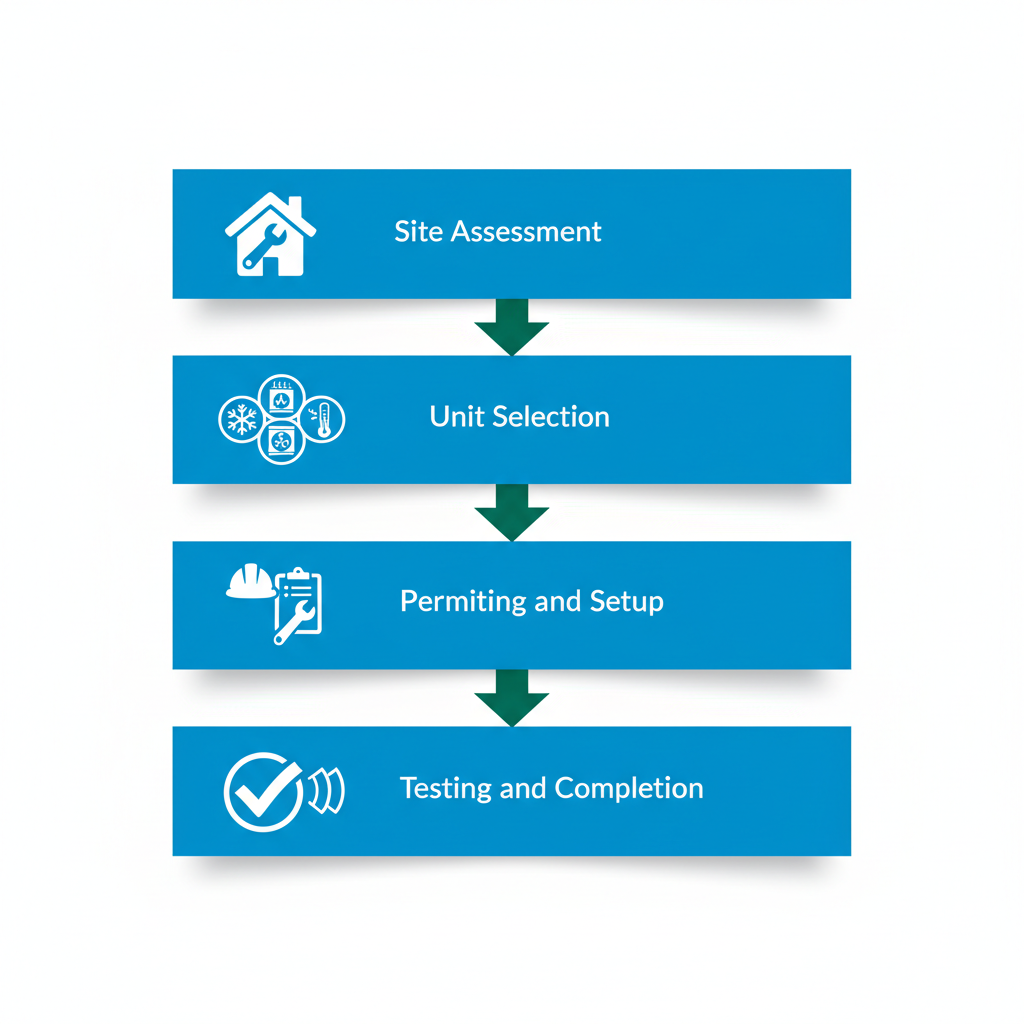 Vertical process flow diagram showing four stages of HVAC installation: site assessment, unit selection, permitting and setup, testing and completion with icons and green arrows.