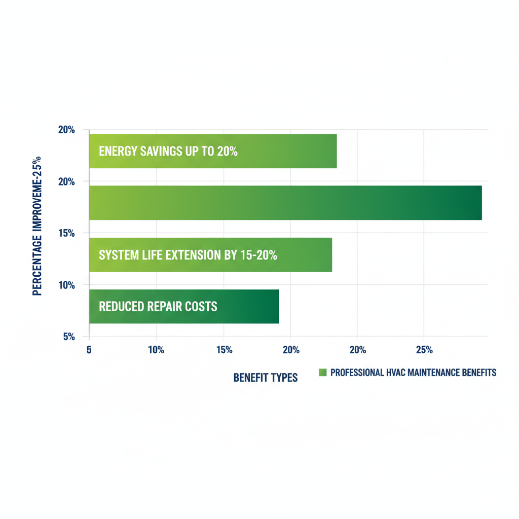 Horizontal bar chart showing percentage improvements from professional HVAC maintenance: energy savings, system lifespan, and repair cost reductions.