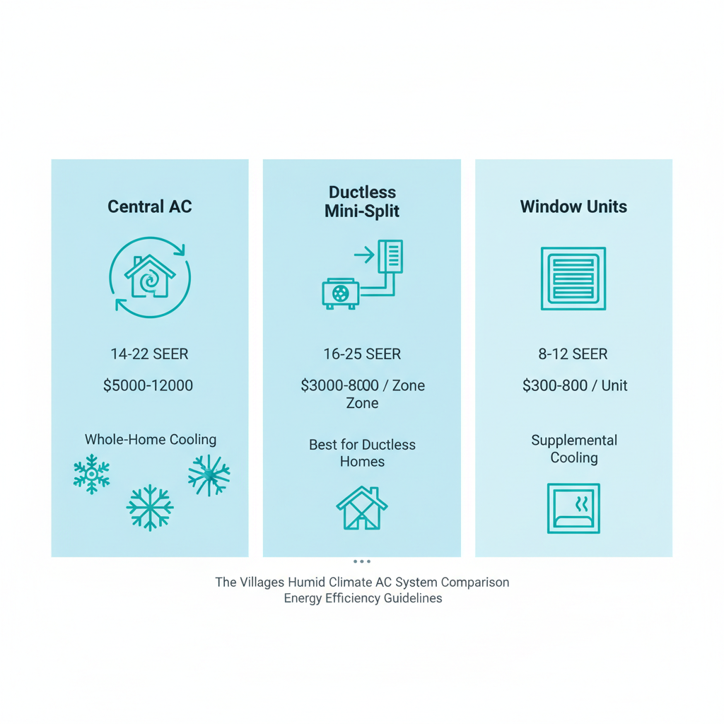 Infographic comparing Central AC Ductless Mini-Split and Window Units for efficiency cost and suitability in The Villages Florida.
