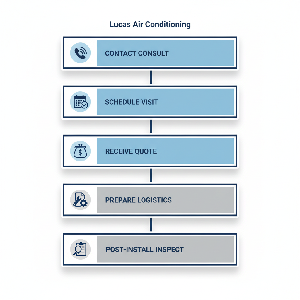 Vertical process flow diagram showing six steps to schedule AC installation for Lucas Air, including contact, scheduling, quoting, preparation, installation, and inspection.