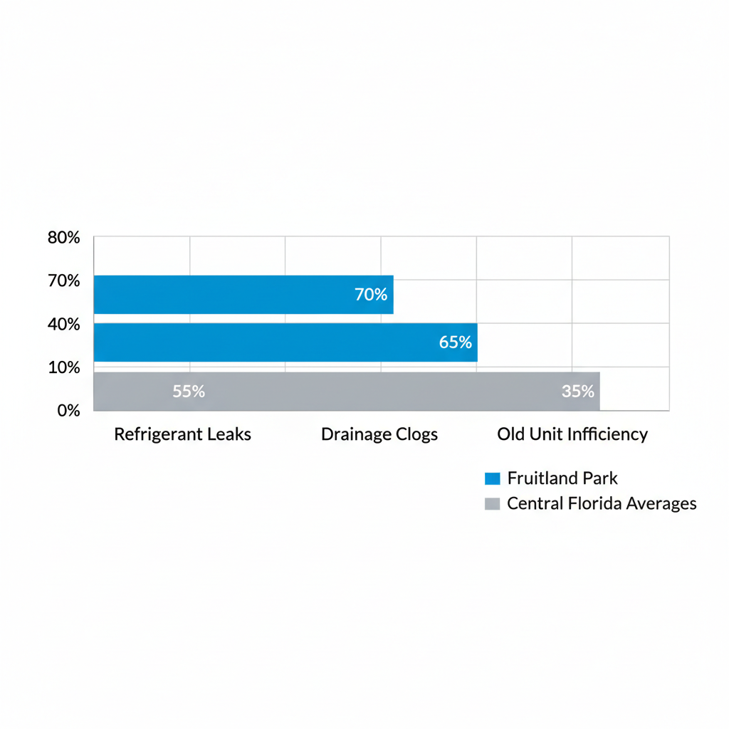 Horizontal bar chart comparing prevalence of AC issues like refrigerant leaks, drainage clogs, and old unit inefficiency in Fruitland Park versus Central Florida averages, with percentages labeled.