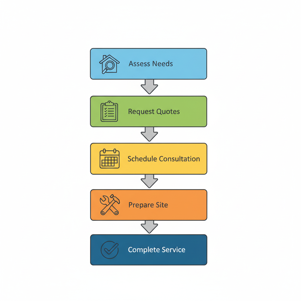 Vertical process flow diagram illustrating five steps to begin HVAC services: assess needs, request quotes, schedule consultation, prepare site, complete service with icons and colors.