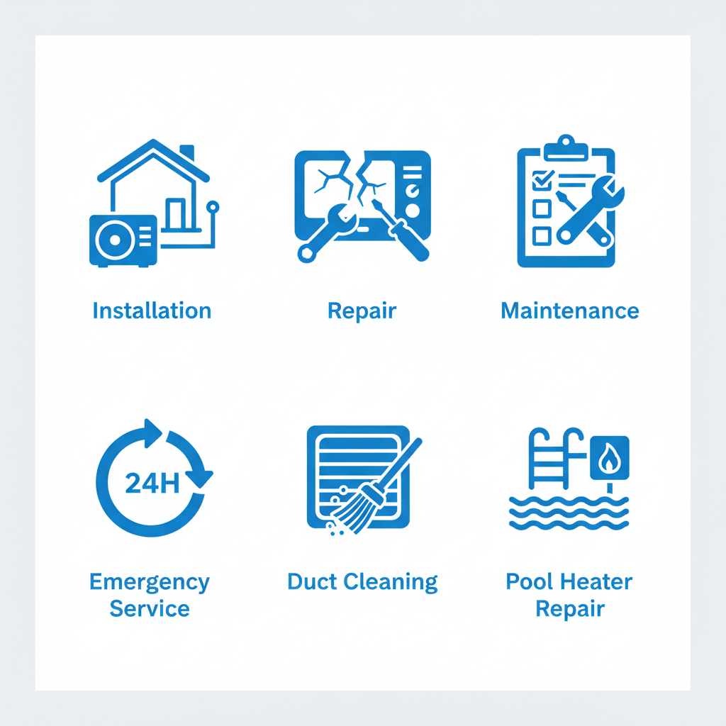 Grid of six icons representing HVAC services: installation, repair, maintenance, emergency, duct cleaning, and pool heater repair.