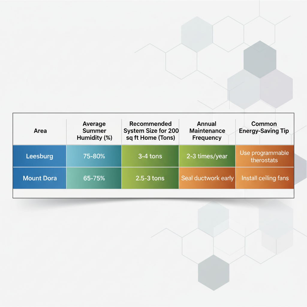 Infographic comparing HVAC system requirements and energy tips for Leesburg, Eustis, and Mount Dora in Central Florida
