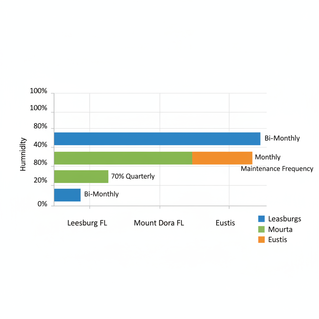 Horizontal bar chart comparing humidity levels and AC maintenance frequencies in Leesburg, Mount Dora, and Eustis, Florida, highlighting regional HVAC challenges.