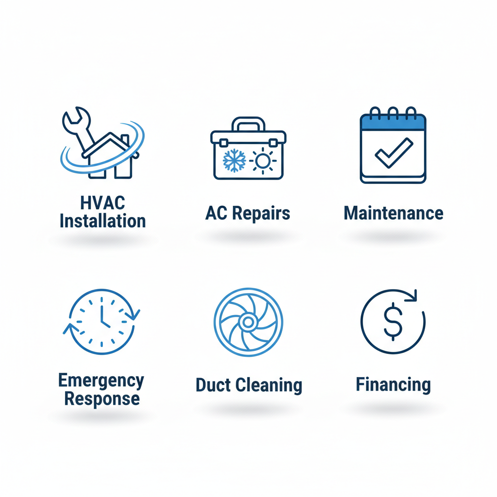 Grid of icons depicting key HVAC services like installation, repairs, maintenance, emergency response, duct cleaning, and financing.