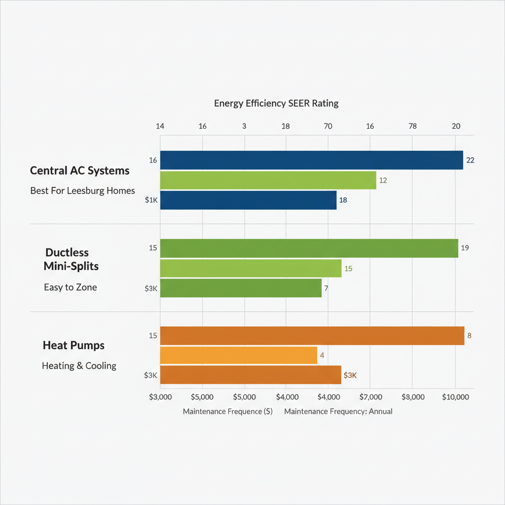 Horizontal bar chart comparing SEER ratings and costs of Central AC, Mini-Splits, and Heat Pumps for humid Leesburg climate