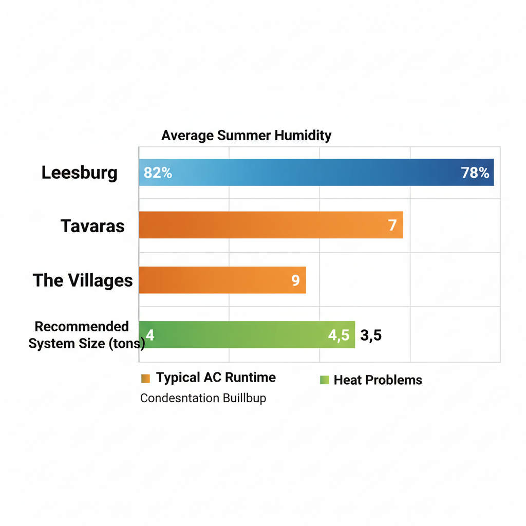 Horizontal bar chart comparing HVAC metrics including humidity, AC runtime, and system size across Leesburg, Tavares, and The Villages.