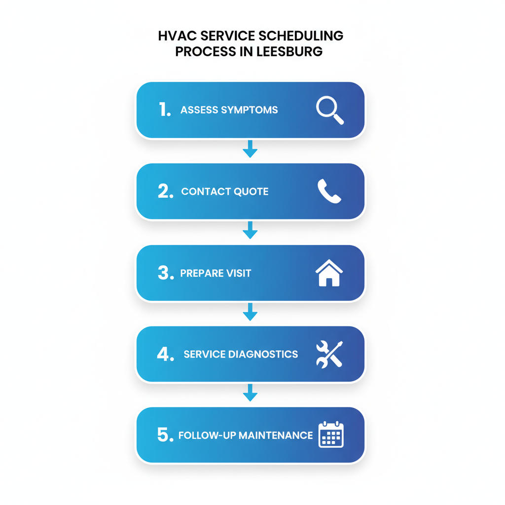 Vertical process flow diagram showing five steps to schedule HVAC service: assess symptoms, contact for quote, prepare for visit, during-service diagnostics, and follow-up maintenance.