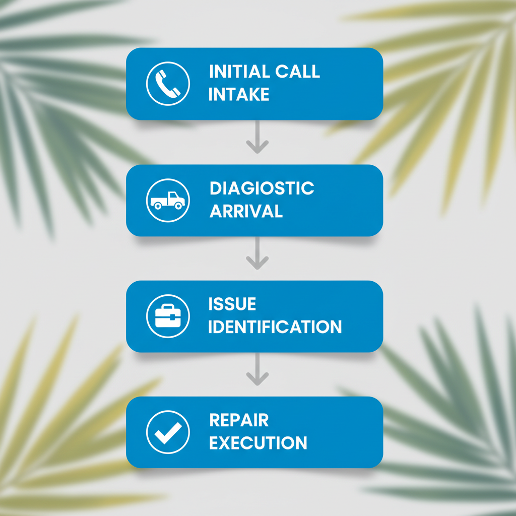 Vertical process flow diagram illustrating five stages of HVAC repair services in Tavares: initial call, diagnostic arrival, issue identification, repair execution, and final testing with icons and arrows.