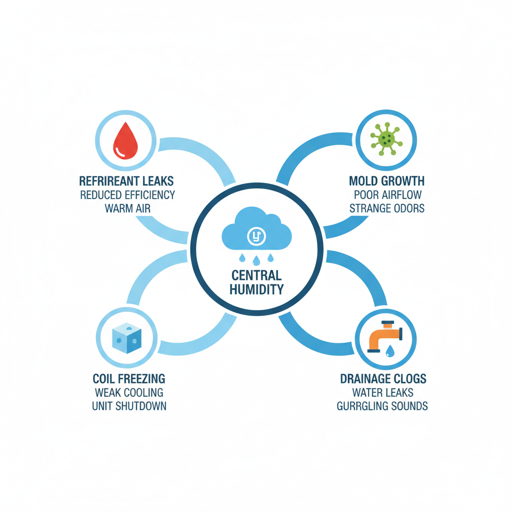 Infographic showing common air conditioner issues in humid Tavares climate with icons for refrigerant leaks, mold, freezing coils, and clogs.